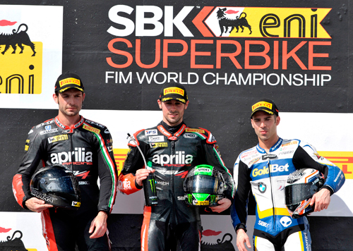 Aprilia dominates World SBK race 1 is a one-two-three with Guintoli, Laverty and Fabrizio 